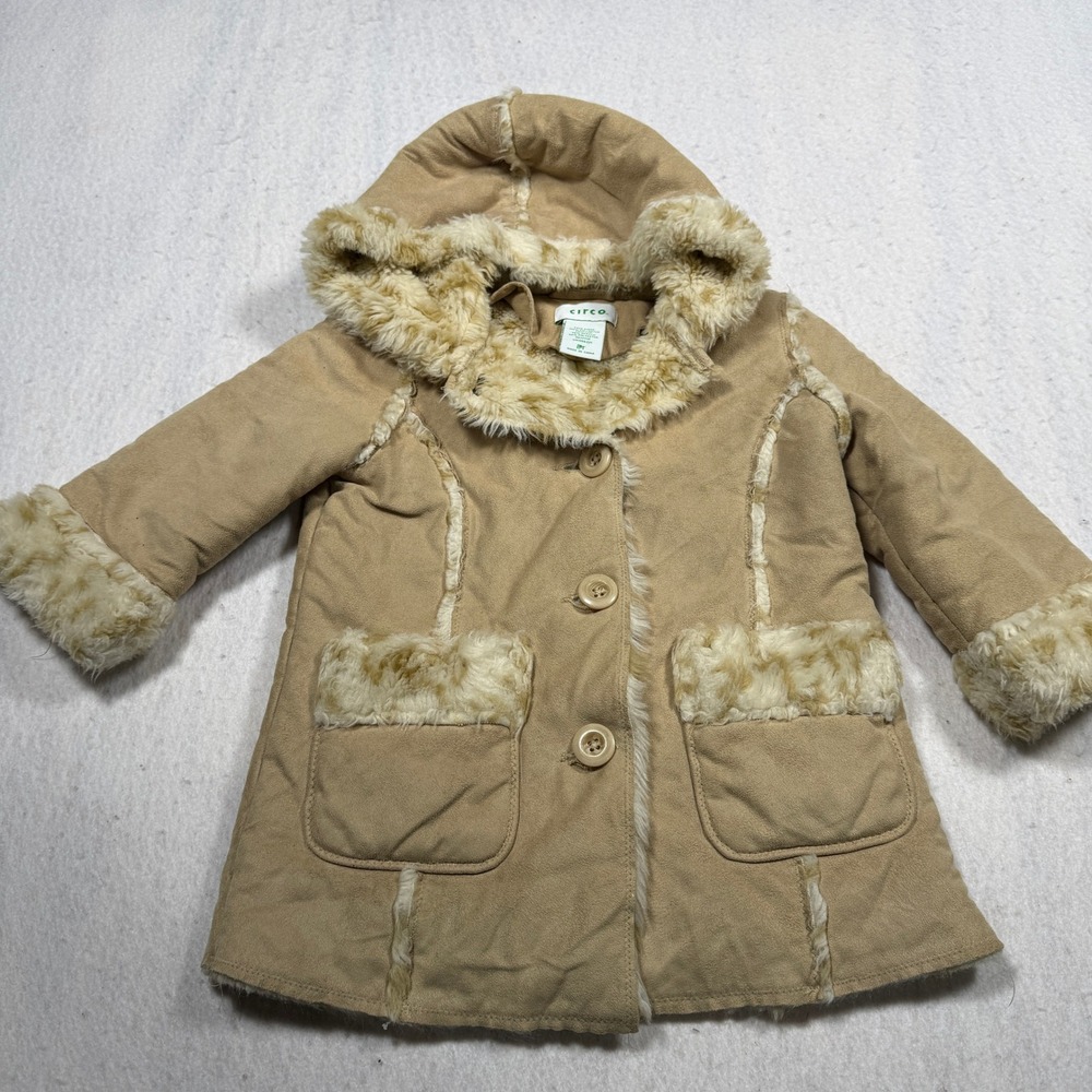 Circo Kids Tan Faux Suede Shearling Hooded Coat Faux Fur Trim Jacket 2T